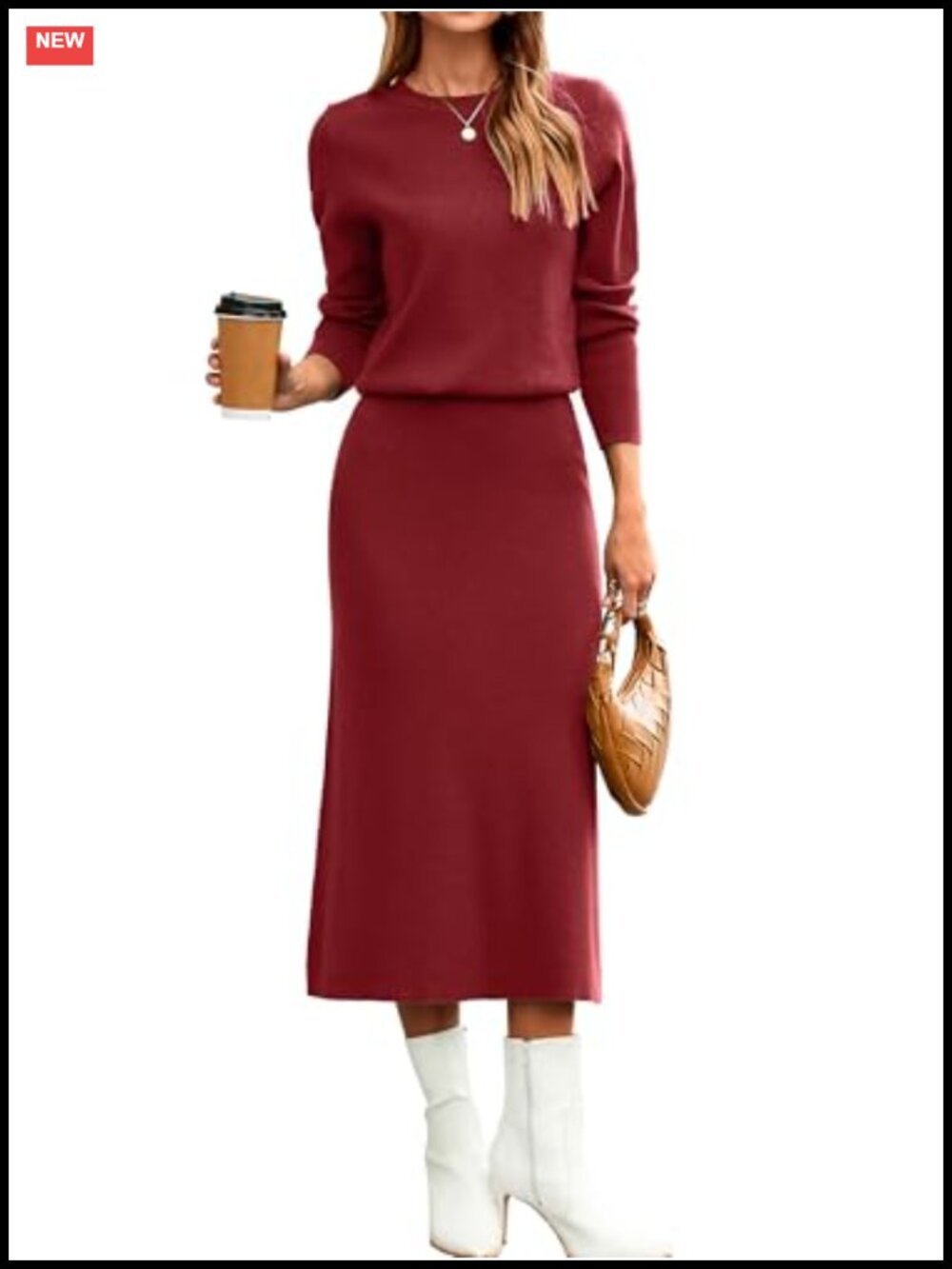 2 Piece Knit Skirt Set Long Sleeve Crewneck Sweater Midi Skirt Travel Outfit